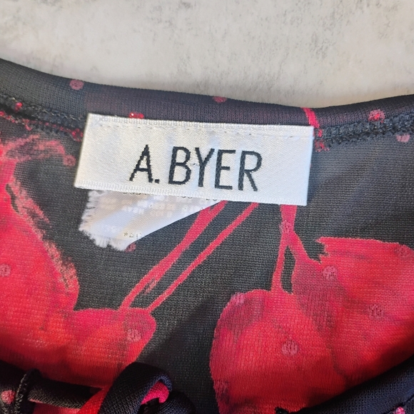 Vintage A Byer Y2K Sheer Floral Top Black Red Glitter Whimsigoth Size Medium - Picture 5 of 9
